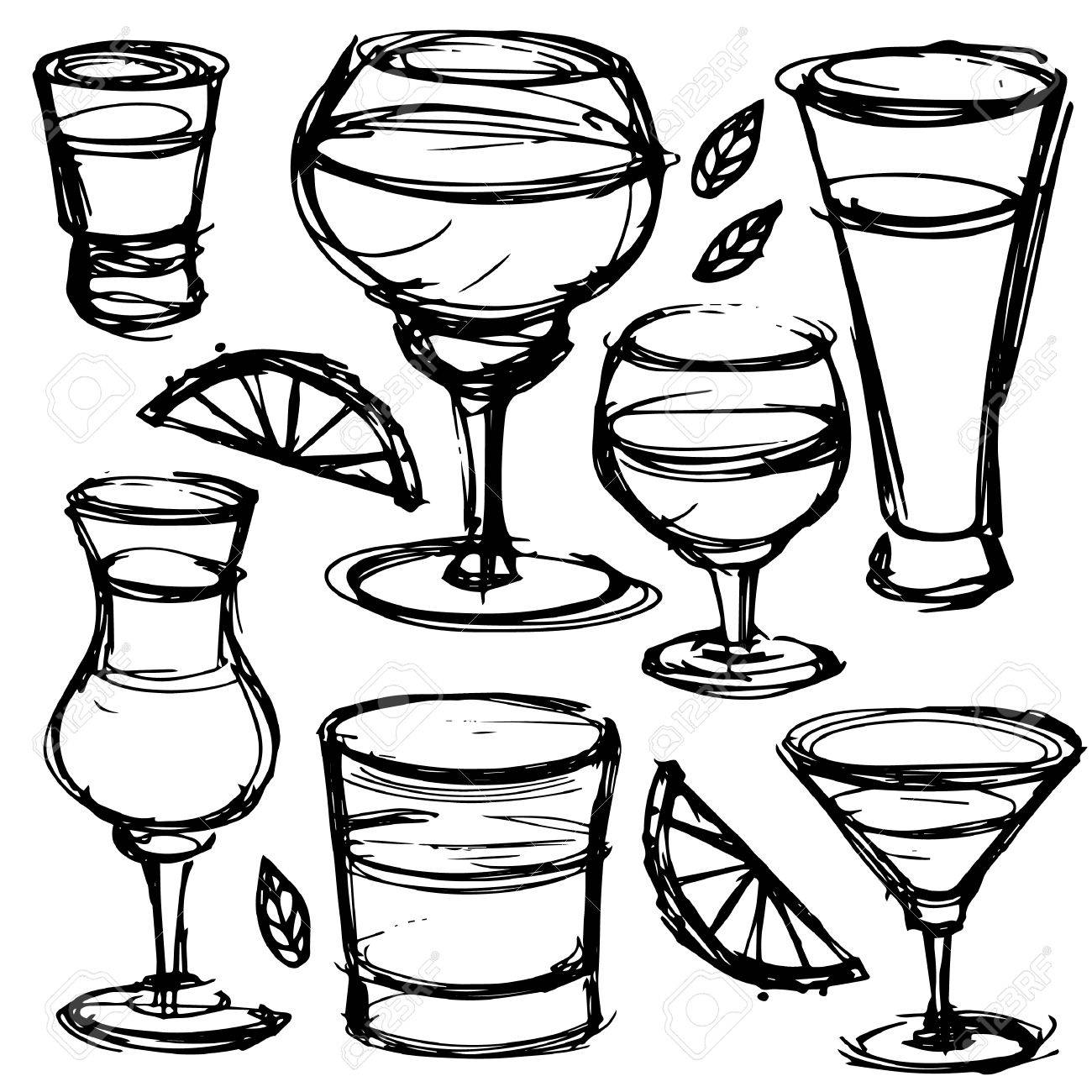 1300x1300 Doodle Set Of Different Hand Drawn Alcohol Cocktails. Sketch