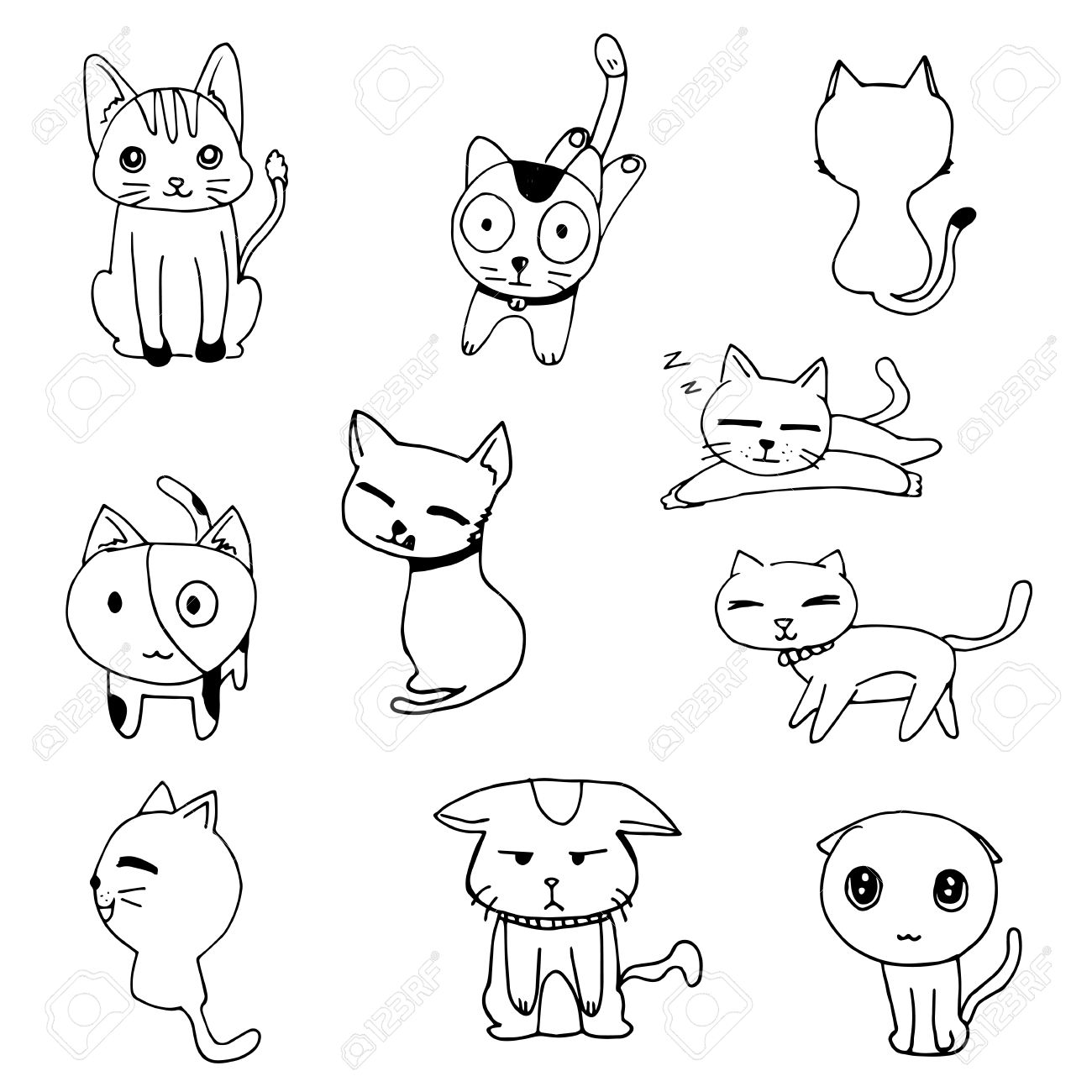 1300x1300 Cat Doodle Drawing A Vector On White Background, Set Of Black