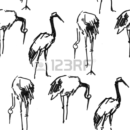 450x450 Stork Heron Crane Pen Sketch Seamless Pattern Stock Photo, Picture