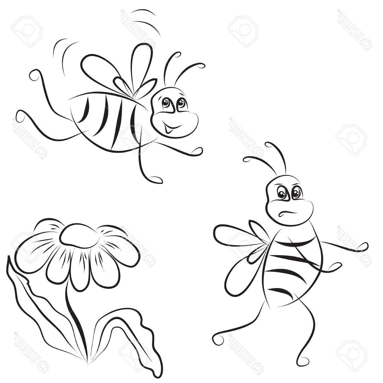 1300x1300 Simple Outline Drawing Bee And Daisy On White Background Stock Vector