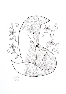 284x400 Mika Art Blog Fox Mom And Baby Ink Drawing Black And White