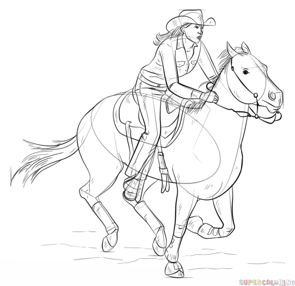 592x575 How To Draw Cowgirl On A Horse Step By Step Drawing Tutorials