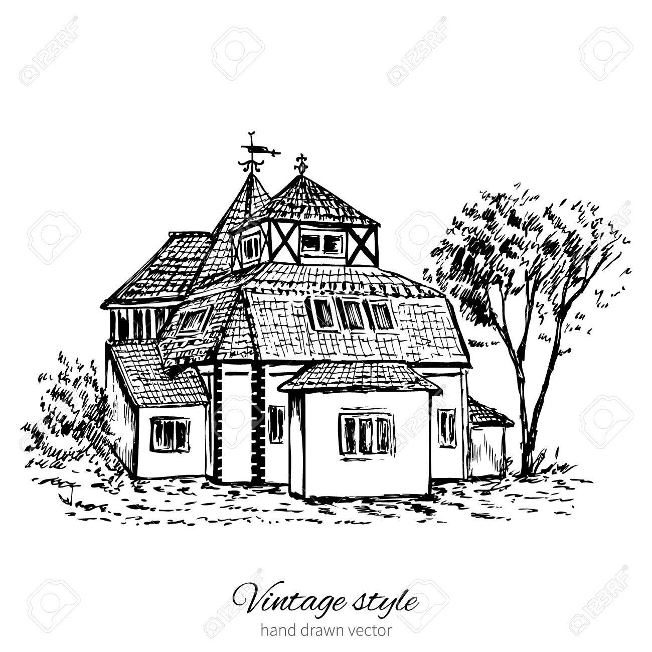 1300x1300 Vintage Vector Sketch Tile Old European House, Mansion, Historical