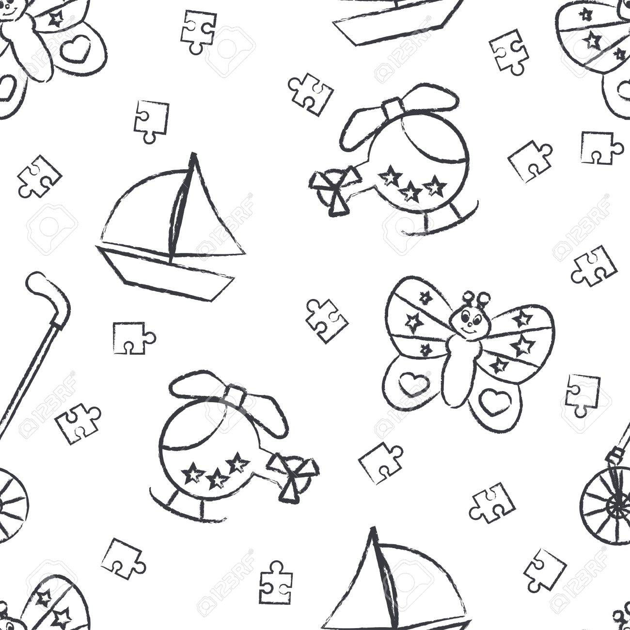 1300x1300 Seamless Pattern Children's Black Felt Tip Pen Drawings On White