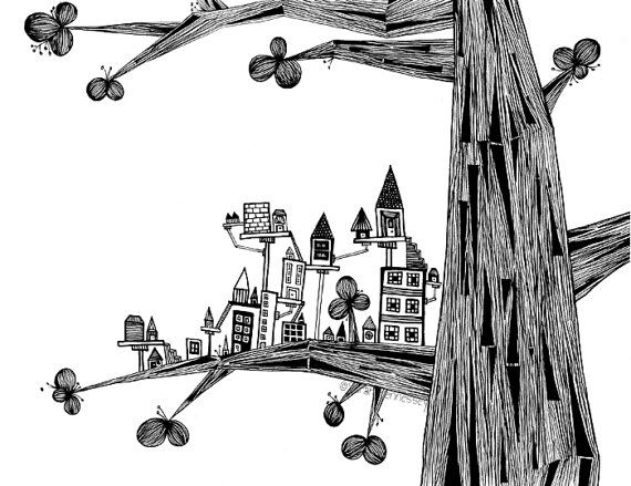 570x439 A Little City On The Three , Pen Drawing. Doodle