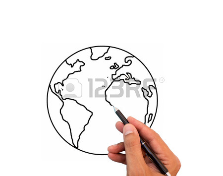450x355 Close Up Of Hand Drawing The World Map In A Whiteboard Stock Photo