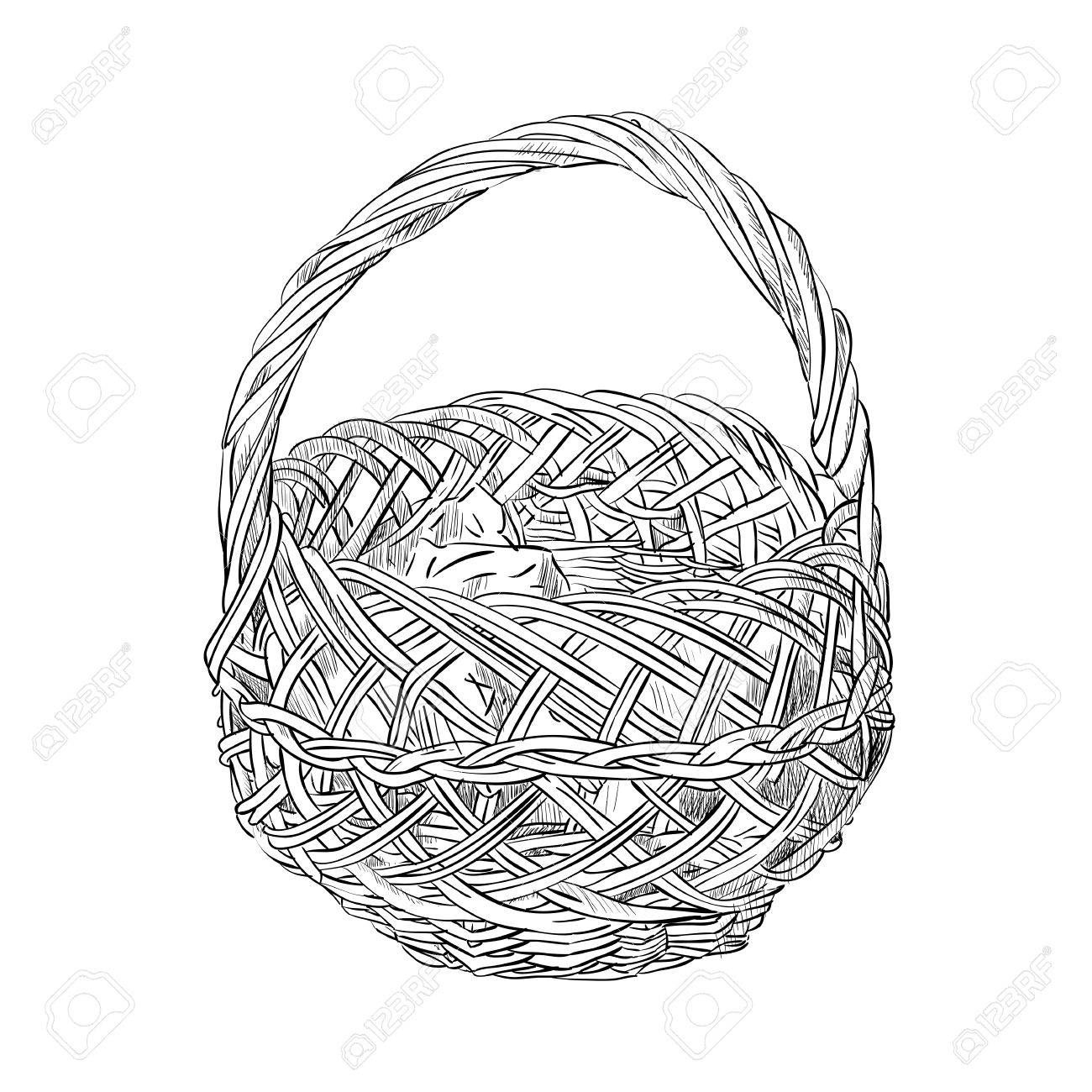 1300x1300 Vector Sketch Of Wicker Basket. Hand Draw Illustration. Royalty