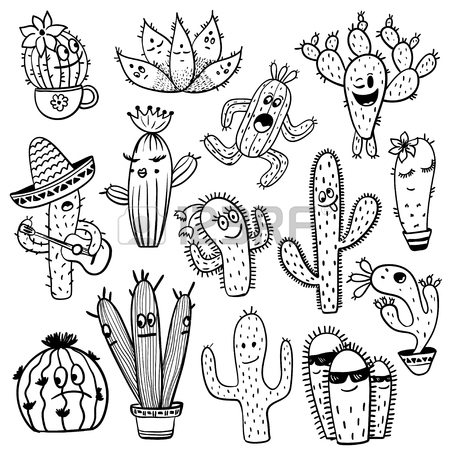 450x450 Set Of Isolated Black Sketch Funny Cactus And Succulent Characters