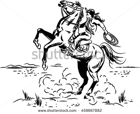 450x366 Vintage Wild West Line Drawing Of A Cowgirl Riding A Wild Horse