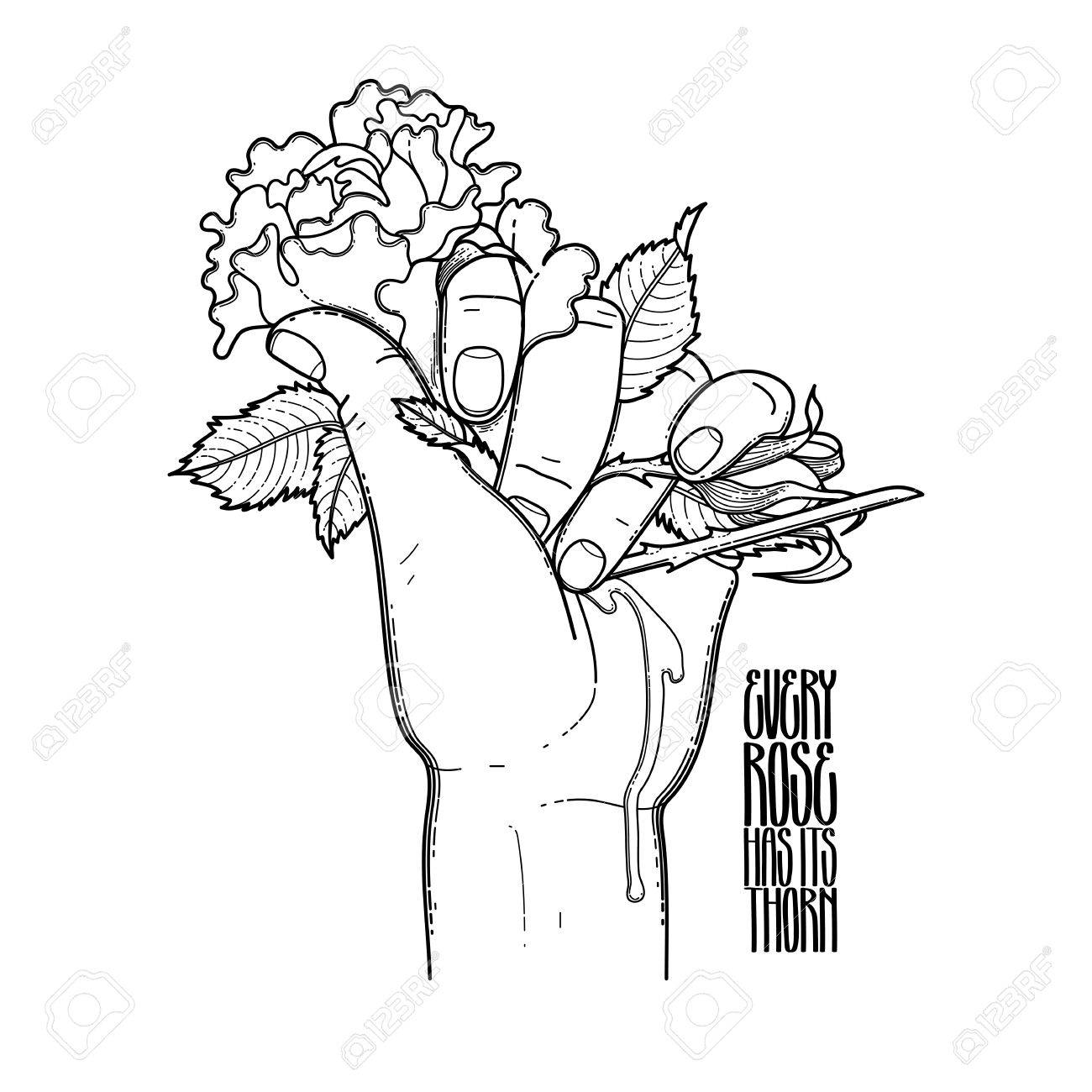 1300x1300 Graphic Bleeding Hand Grasping Wild Rose. Vector Card Isolated