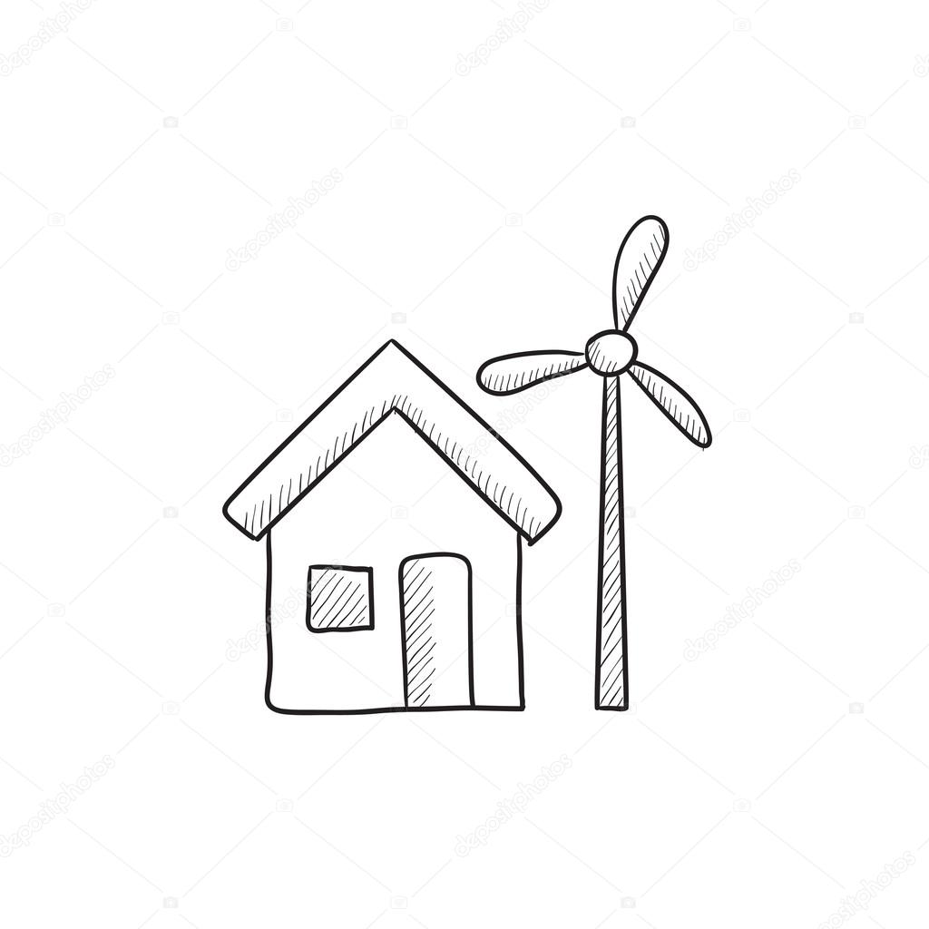 1024x1024 House With Windmill Sketch Icon. Stock Vector Rastudio