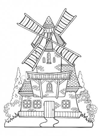 337x450 Windmill Vector Drawing Coloring Book For Adults Stock Vector