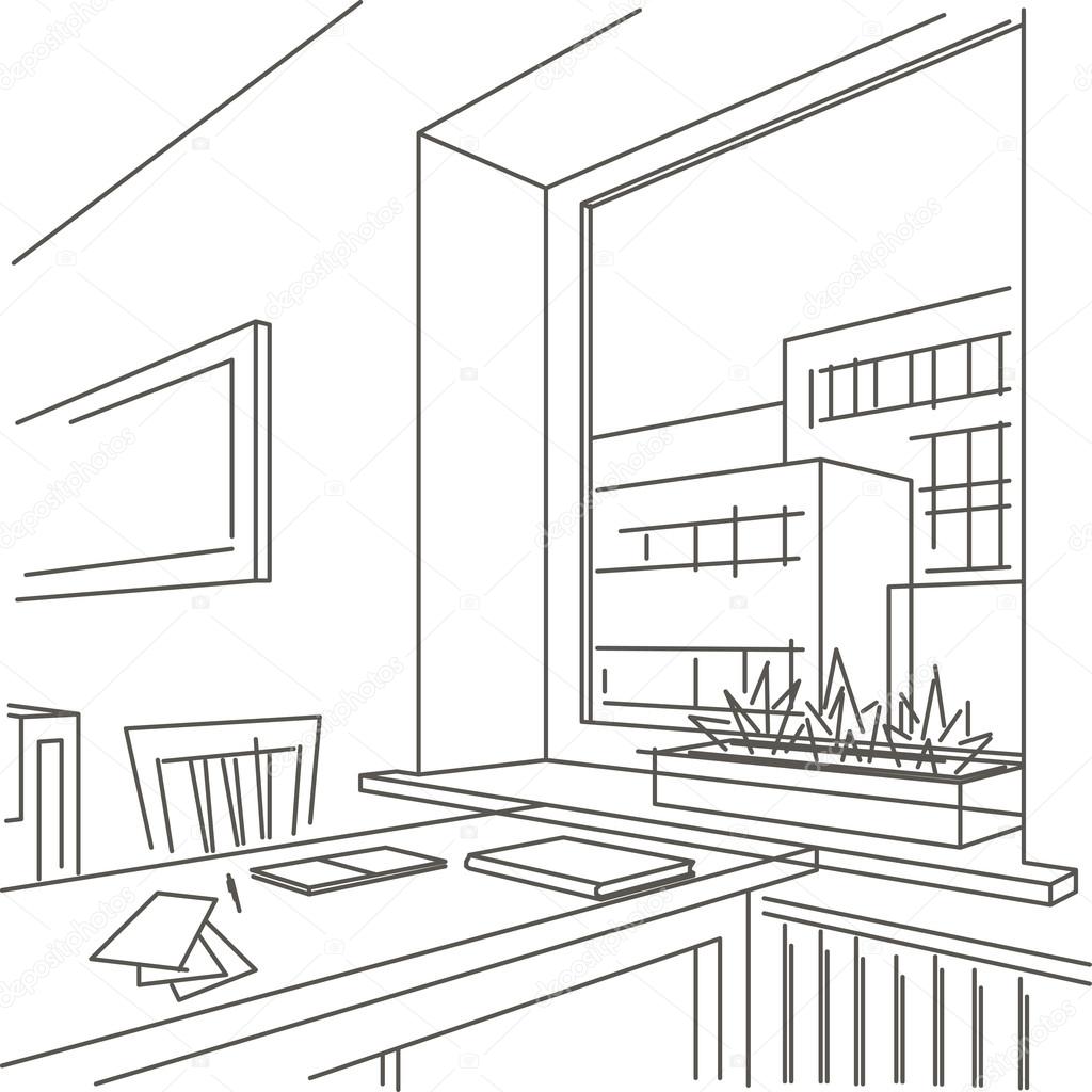 1024x1024 Linear Sketch Interior Of Workspace Near The Window Stock Vector