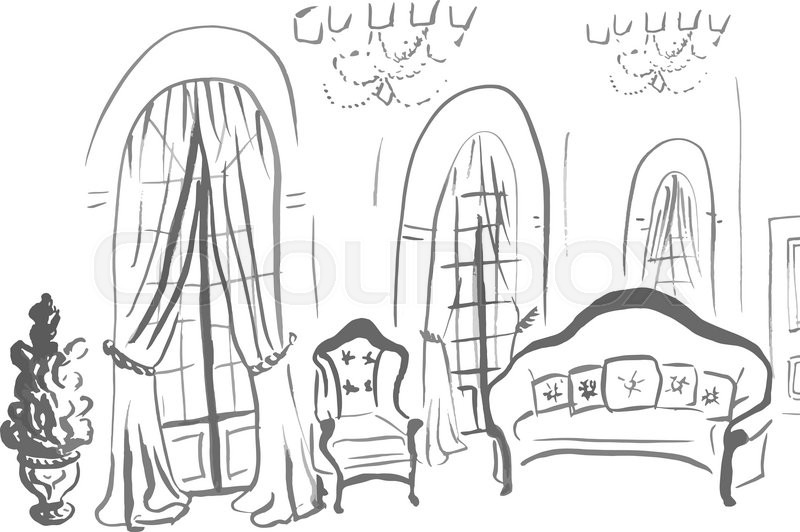 800x532 Vintage Glamour Interior With Sofa, Chair And Big Windows. Ink