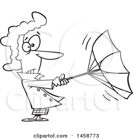 450x470 Clipart Of A Cartoon Outline Woman Trying To Hold Onto An Umbrella
