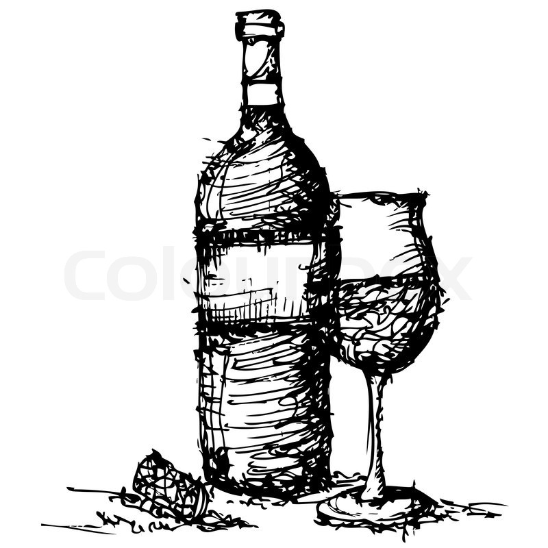 800x800 Sketch Drawing Of Wine Bottle And Glass Vector Stock Vector