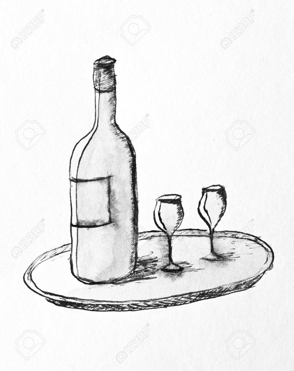 1030x1300 Drawing Of A Wine Bottle Bottle, Glass And Grape Stock Photo