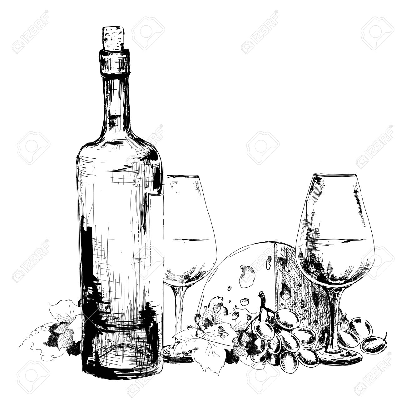1300x1300 Wine With Cheese And Grapes. Hand Drawn Illustration Royalty Free