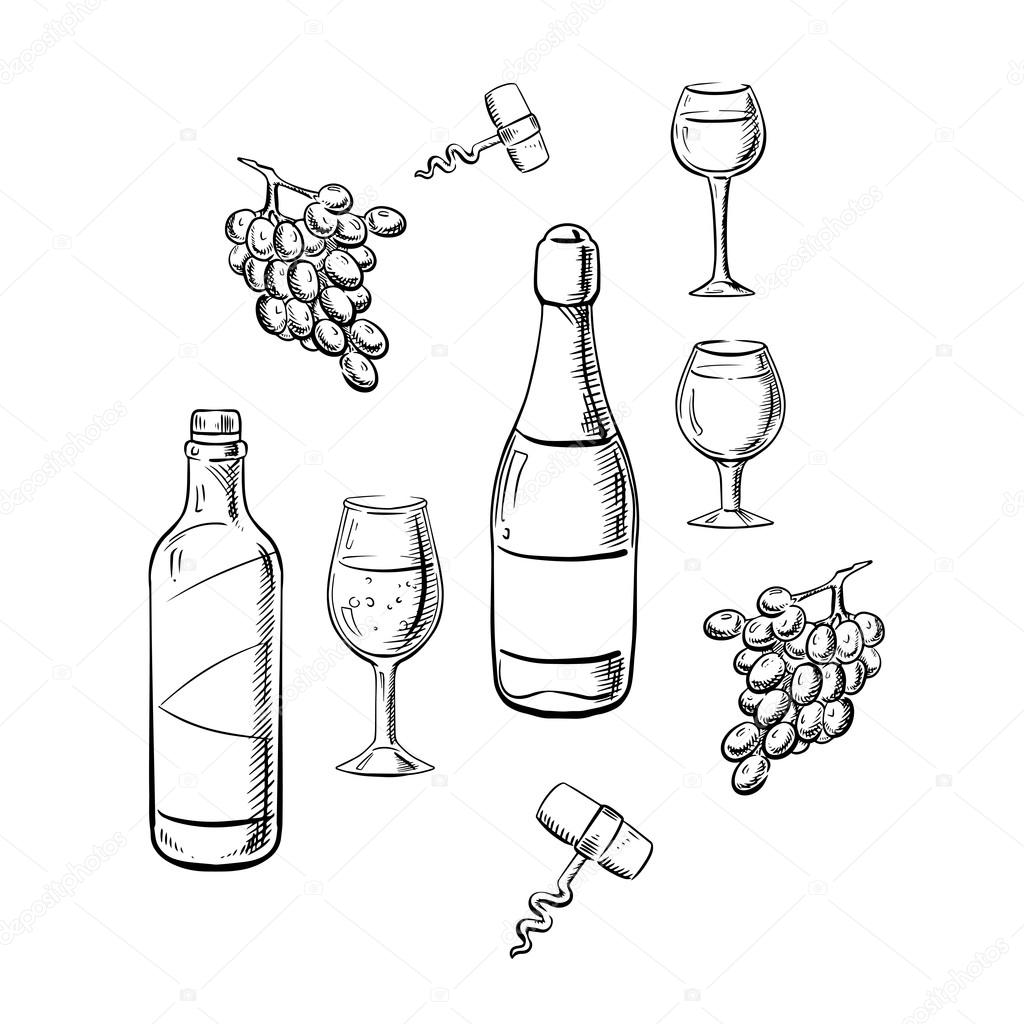 1024x1024 Bottles Of Wine, Glasses And Grape Sketches Stock Vector