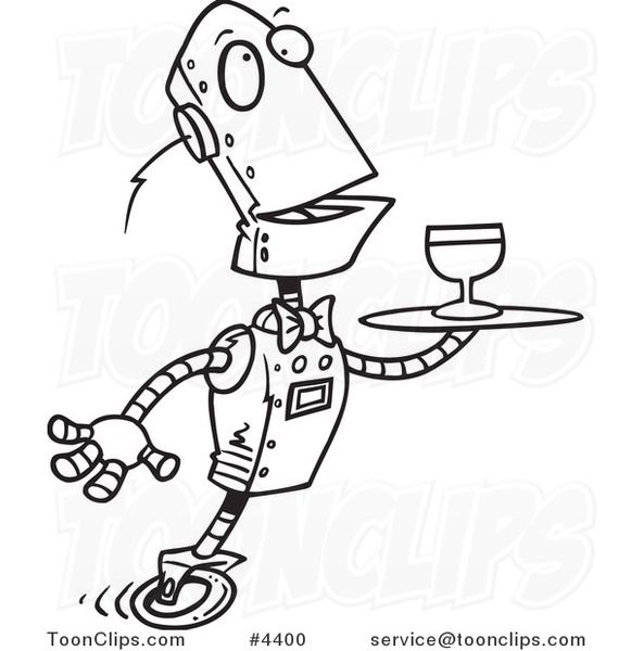 581x600 Cartoon Black And White Line Drawing Of A Butler Robot Serving