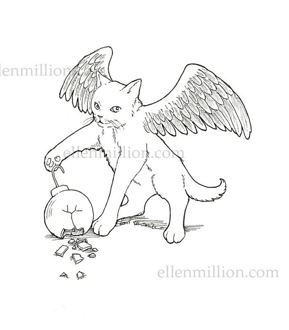 570x650 Items Similar To Winged Kitten Digi Stamp Digital Coloring Page