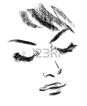 369x450 Girl. Black And White Line Sketch. Winking Woman Stock Photo