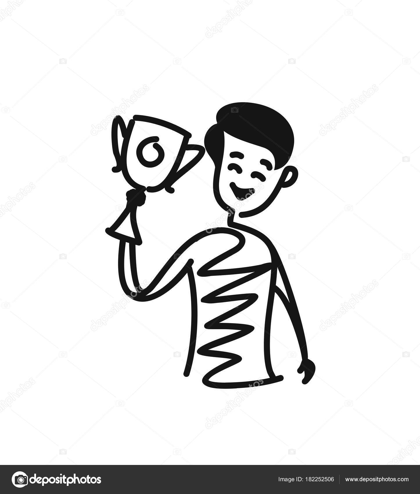 1446x1700 Men Holding Up Winning Trophy, Cartoon Hand Drawn Sketch Vector