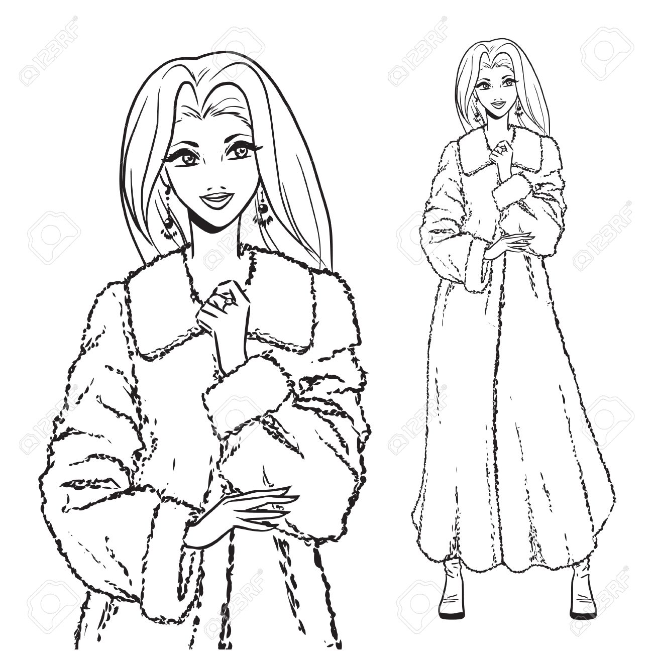 1300x1300 Elegant Beautiful Woman Wears Winter Clothes, Fur Coat. Vector
