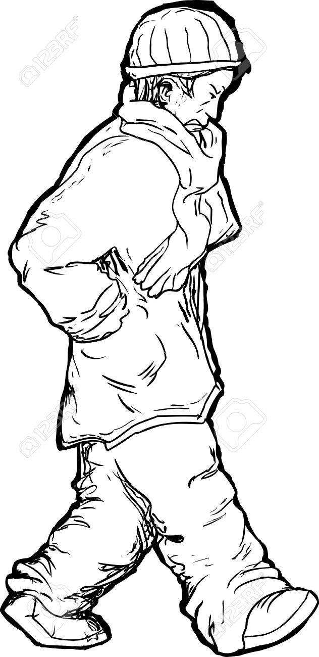 632x1300 Cartoon Of Single Man In Winter Coat And Scarf Walking Royalty