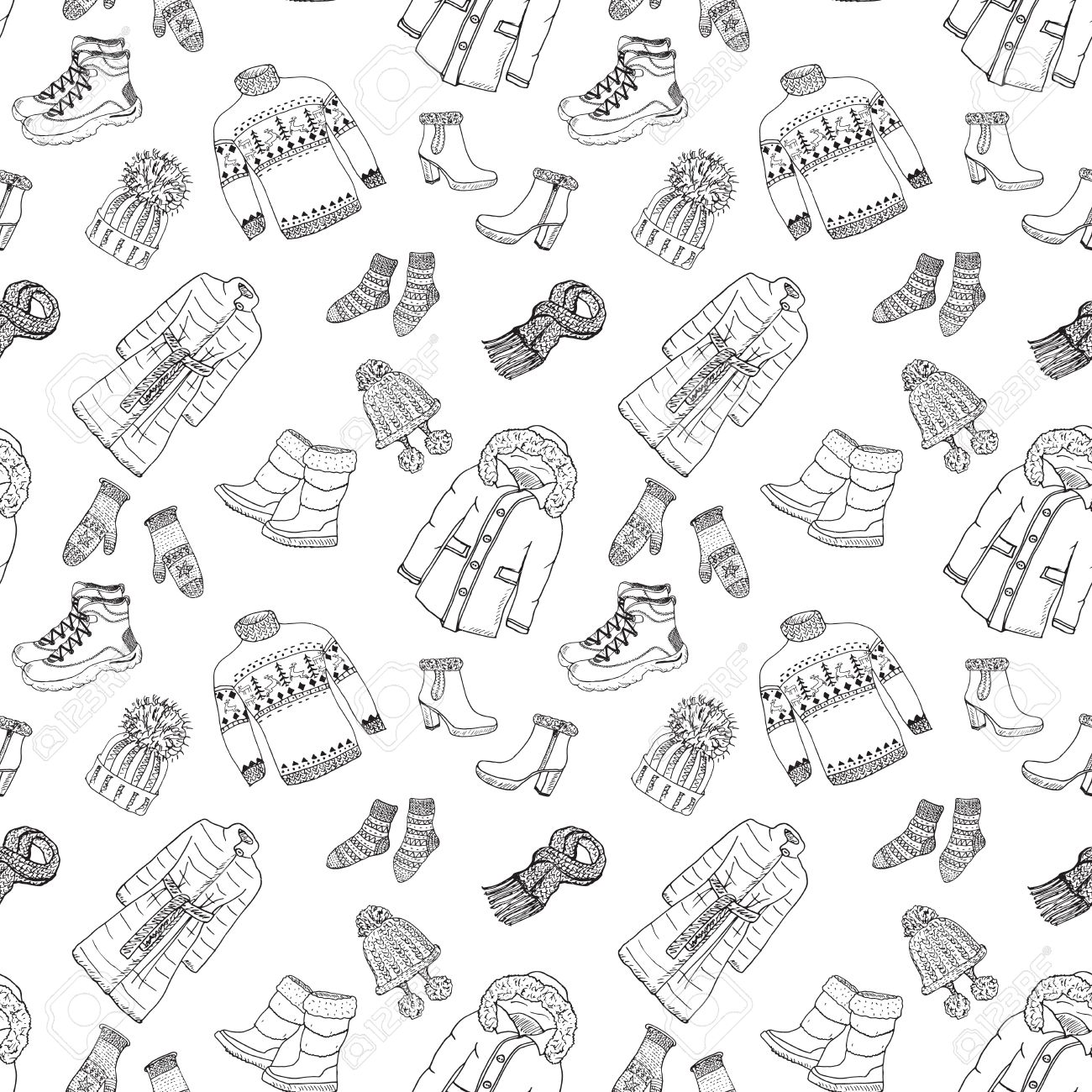 1300x1300 Winter Season Doodle Clothes Seamless Pattern. Hand Drawn Sketch