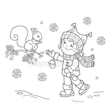 450x450 Coloring Page Outline Of Cartoon Girl Feeding A Squirrel. Winter