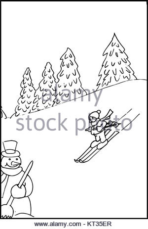 300x463 Line Drawing Of A Winter Landscape With Winter Sports Stock Vector