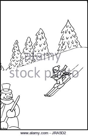 300x463 Line Drawing Of A Winter Landscape With Winter Sports Stock Photo