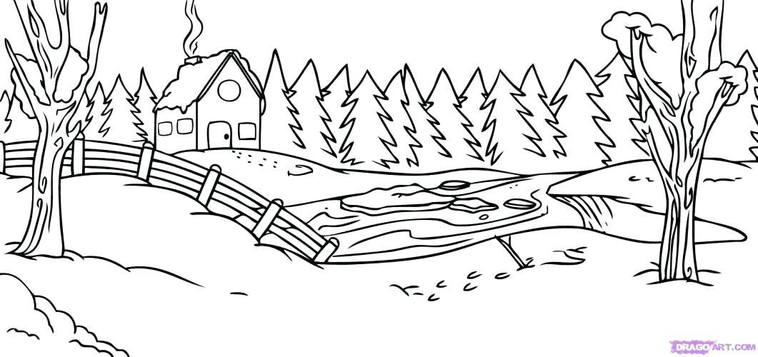 1061x500 Country Scenery Coloring Pages Printable Winter Scene Many