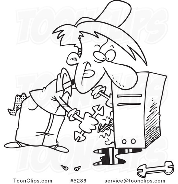 581x600 Cartoon Black And White Line Drawing Of A Computer Repair Guy
