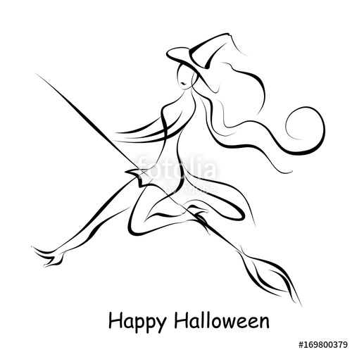 500x500 Halloween. Witch Flying On Broom. Hand Drawn Vector Outline Brush