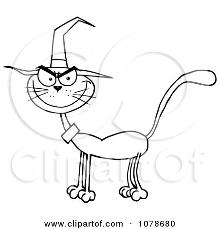450x470 Clipart Outlined Halloween Cat Wearing A Witch Hat