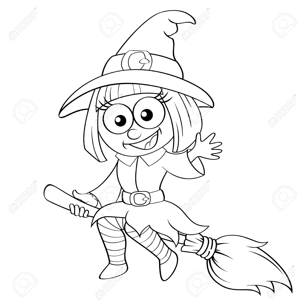 1300x1300 Halloween Witch Flying On Broom. Black And White Vector