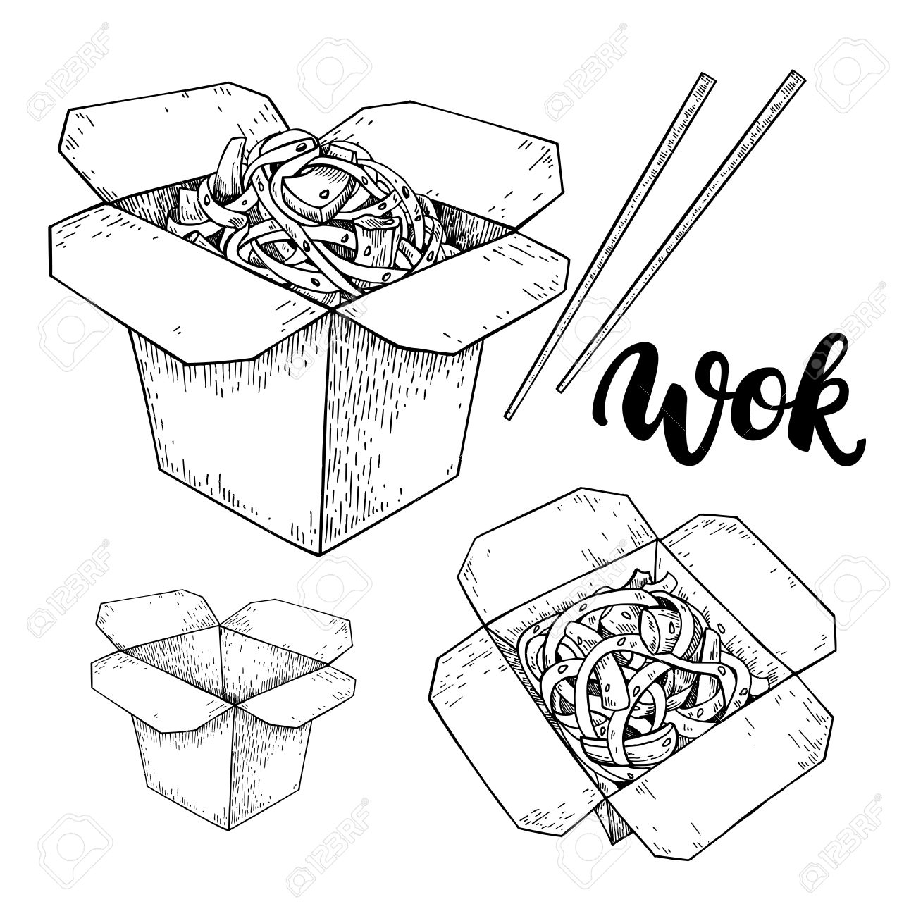 1300x1300 Wok Vector Drawing With Lettering. Isolated Chinese Box