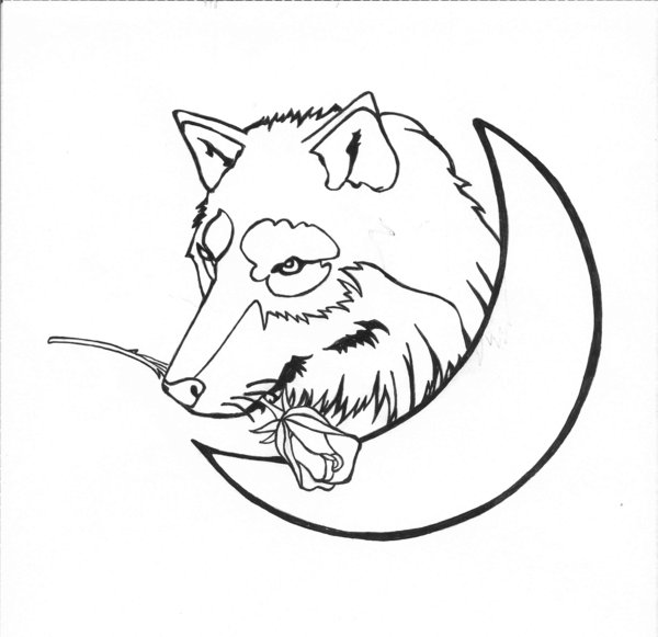 600x581 Wolf, Moon, And Rose Tattoo By Karadarkthorn
