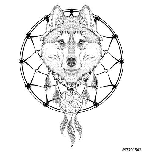 468x500 Animal Hand Drawn Illustration, Wolf Indian Warrior, Native