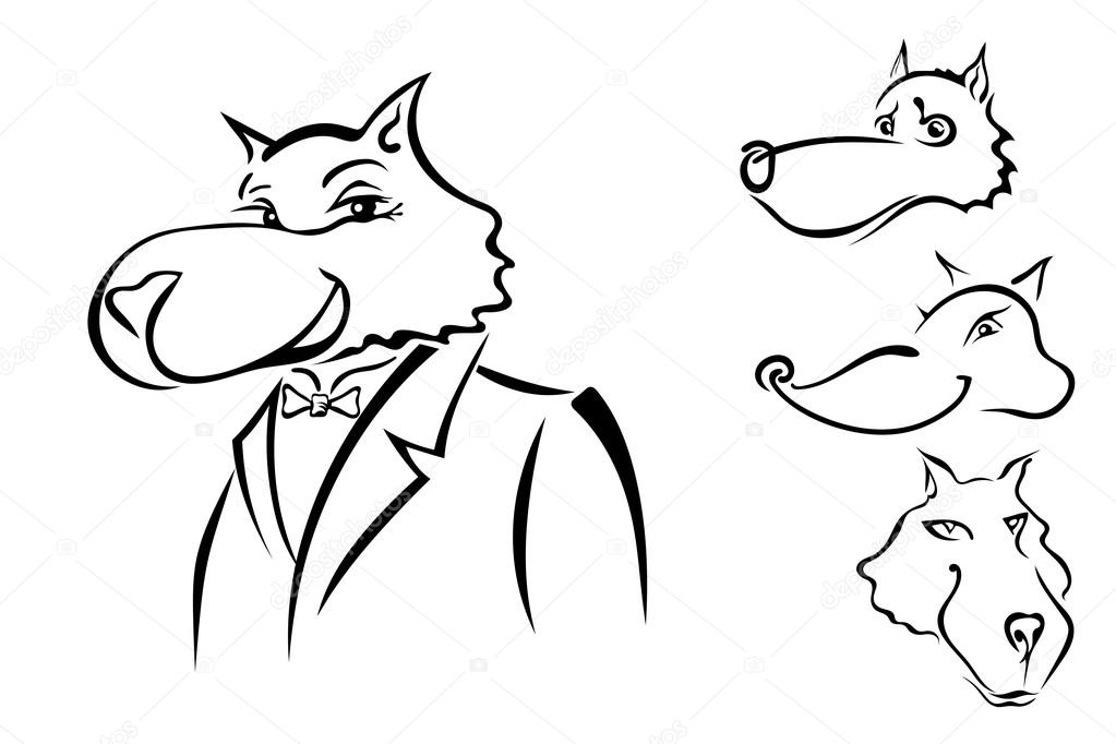 1023x682 A Set Of Sketches Cartoon Wolf Gentleman Isolated On White Backg