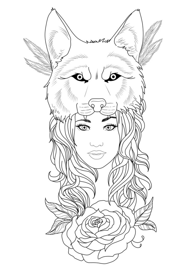 736x1025 Outline Wolf Girl Tattoo Design By Chronokhalil