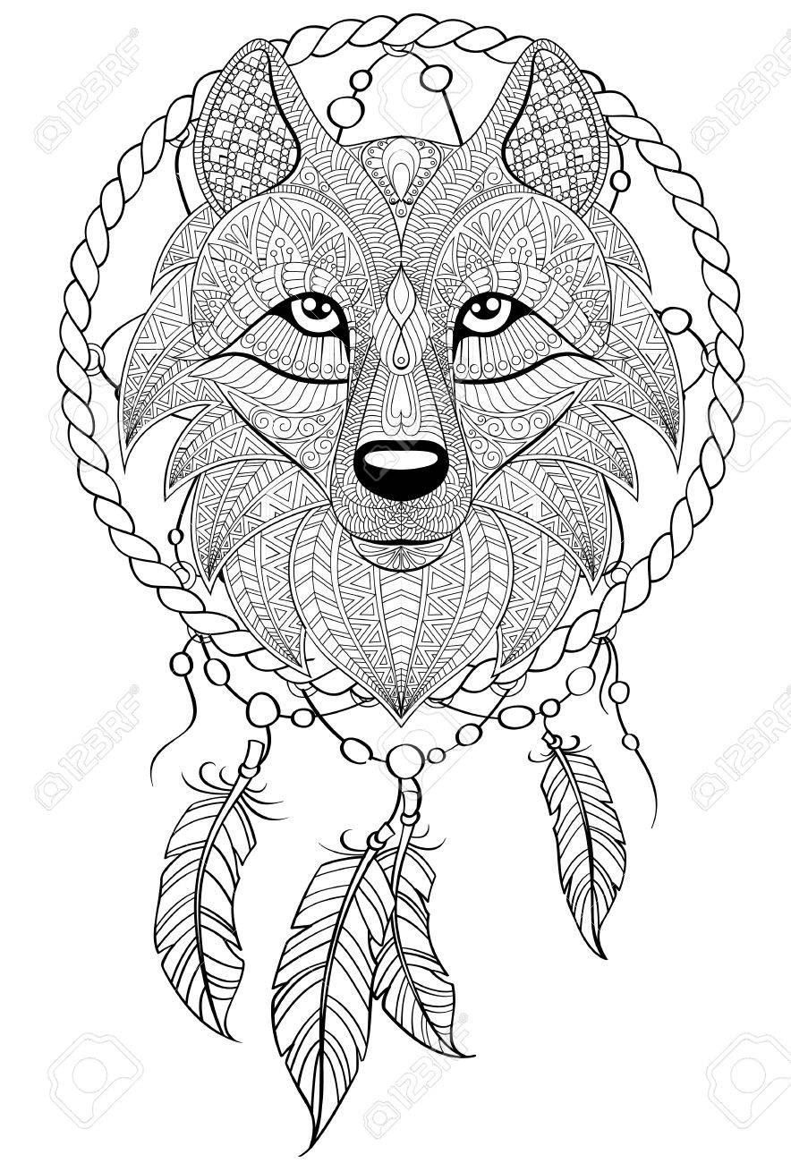 884x1300 Dream Catcher With Wolf. Royalty Free Cliparts, Vectors, And Stock