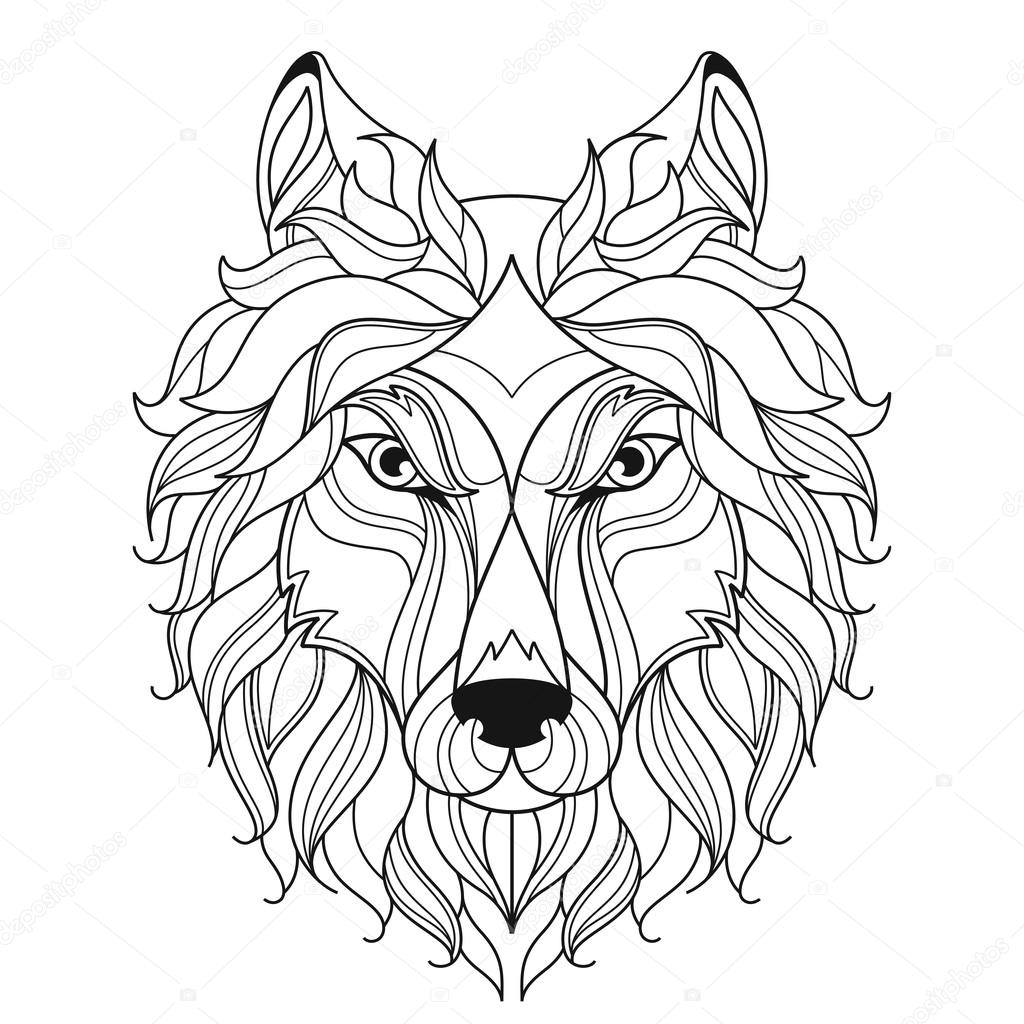 1024x1024 Wolf Head Zentangle Stylized, Coloring Page. Stock Vector