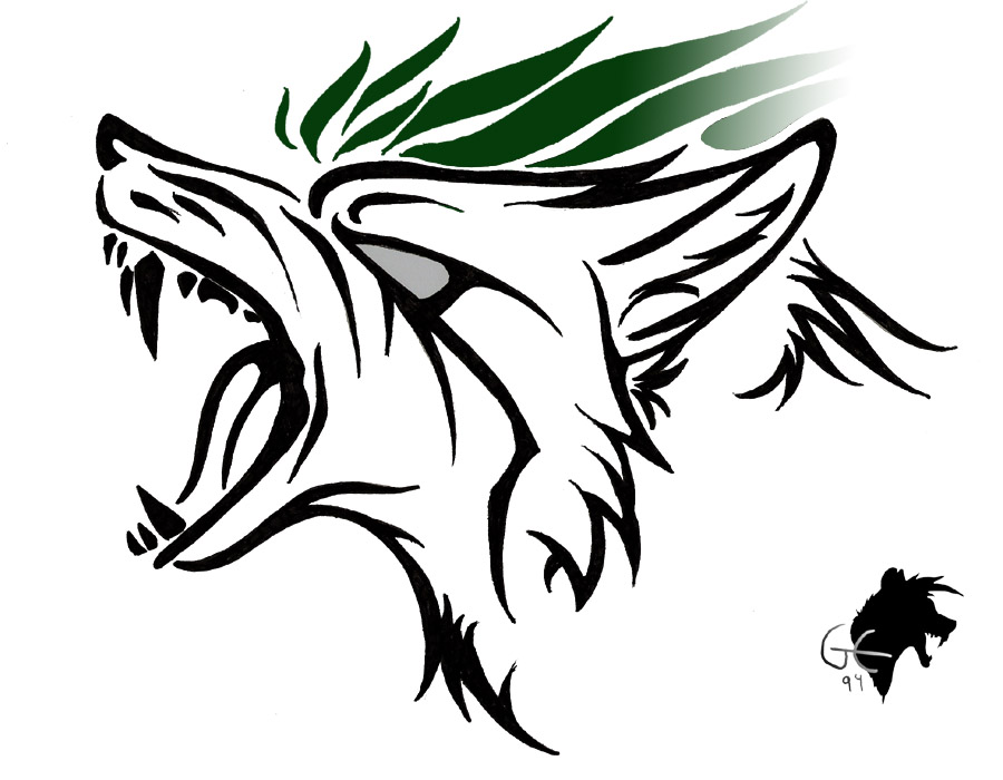 900x700 Black Ink Tribal Roaring Wolf Head Tattoo Stencil By Greeneco94