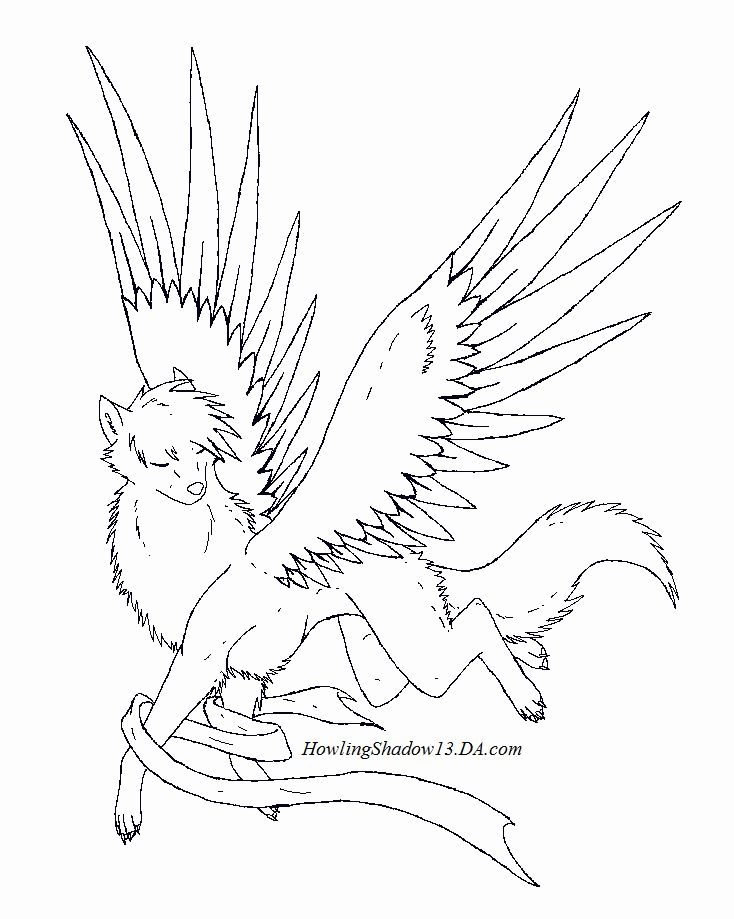 734x919 Wolf Howling At The Moon Coloring Pages Winged Wolf Lineart + By
