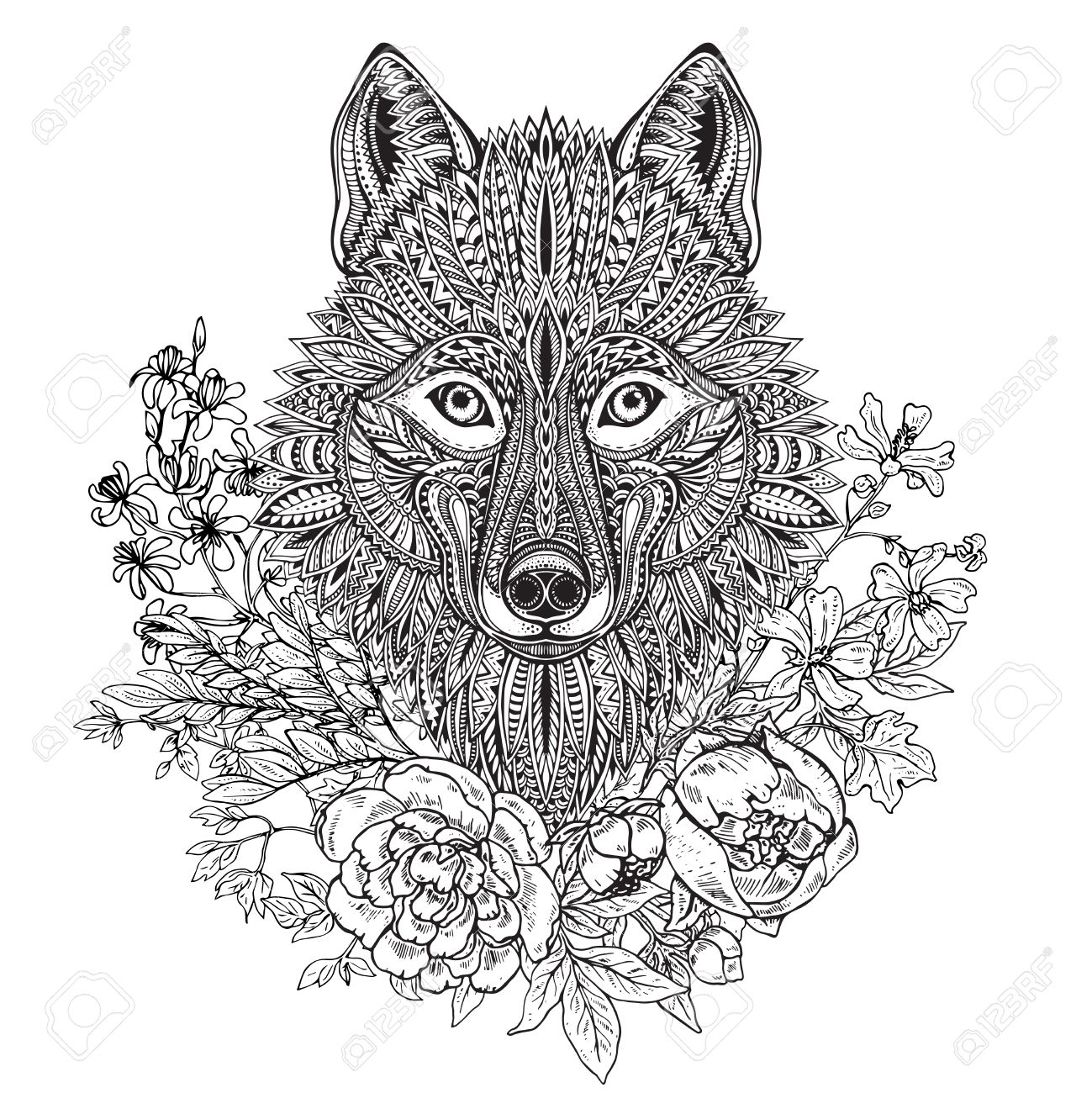 1299x1300 Hand Drawn Graphic Ornate Head Of Wolf With Ethnic Floral Doodle