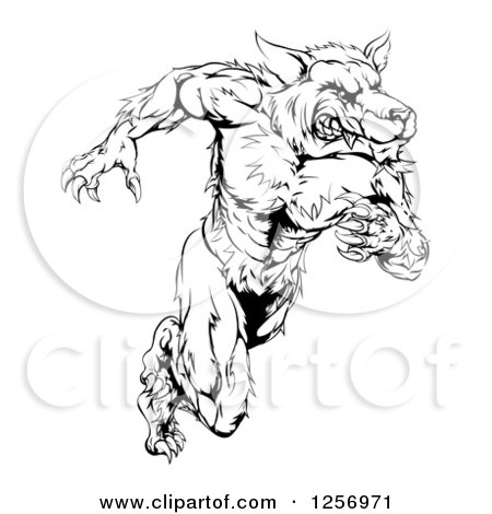 450x470 Clipart Of A Black And White Muscular Wolf Man Running Upright