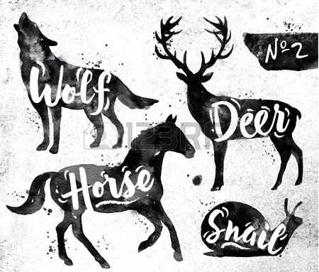 450x383 Silhouettes Of Animal Deer, Horse, Snail, Wolf Drawing Black